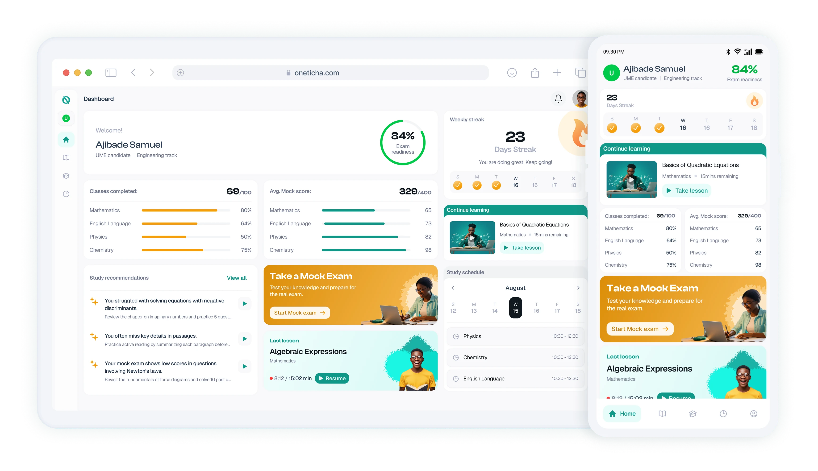 Oneticha dashboard showing exam readiness, streaks, lessons, study recommendations, and mock exam progress