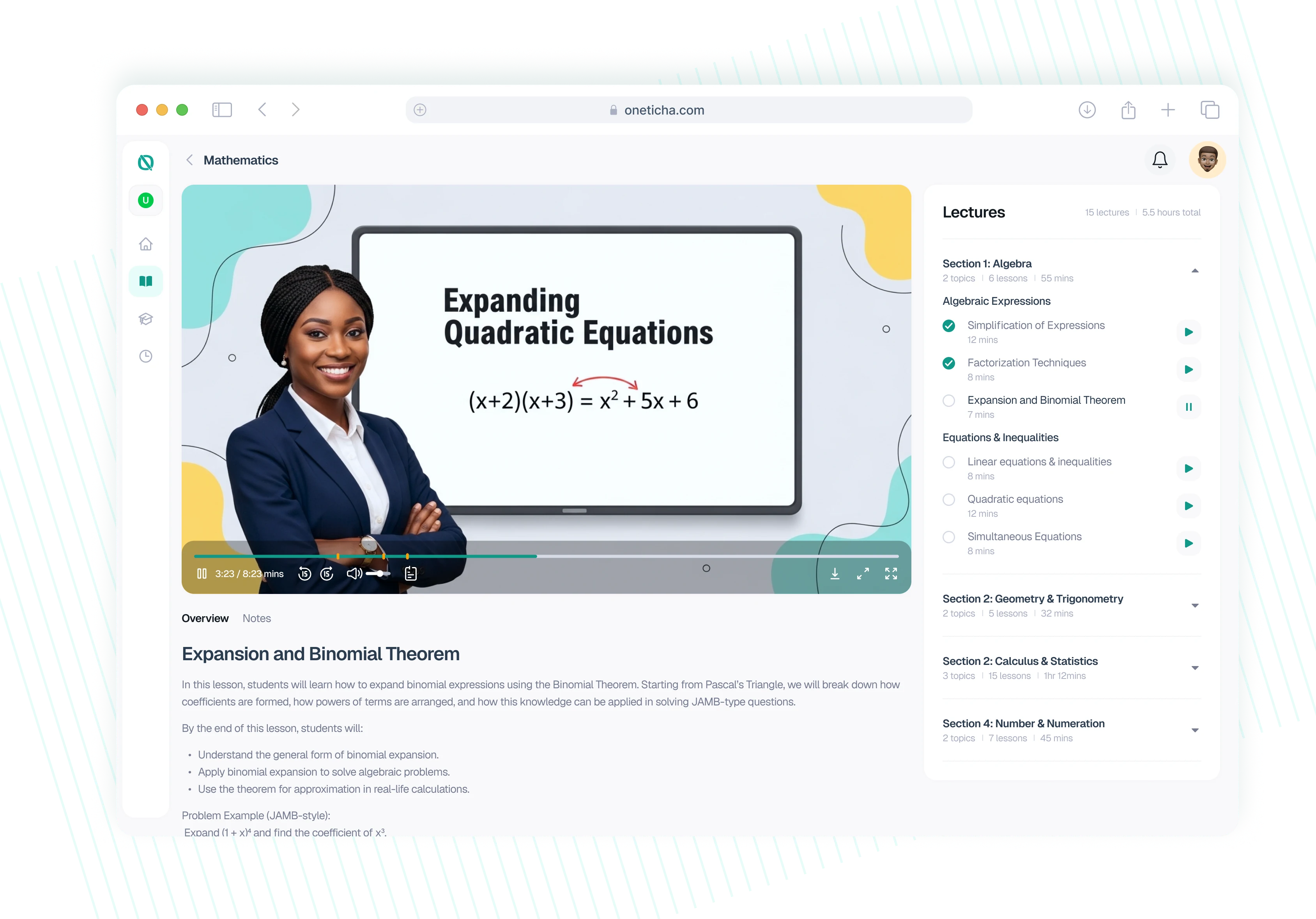 Lesson video interface for expanding quadratic equations
