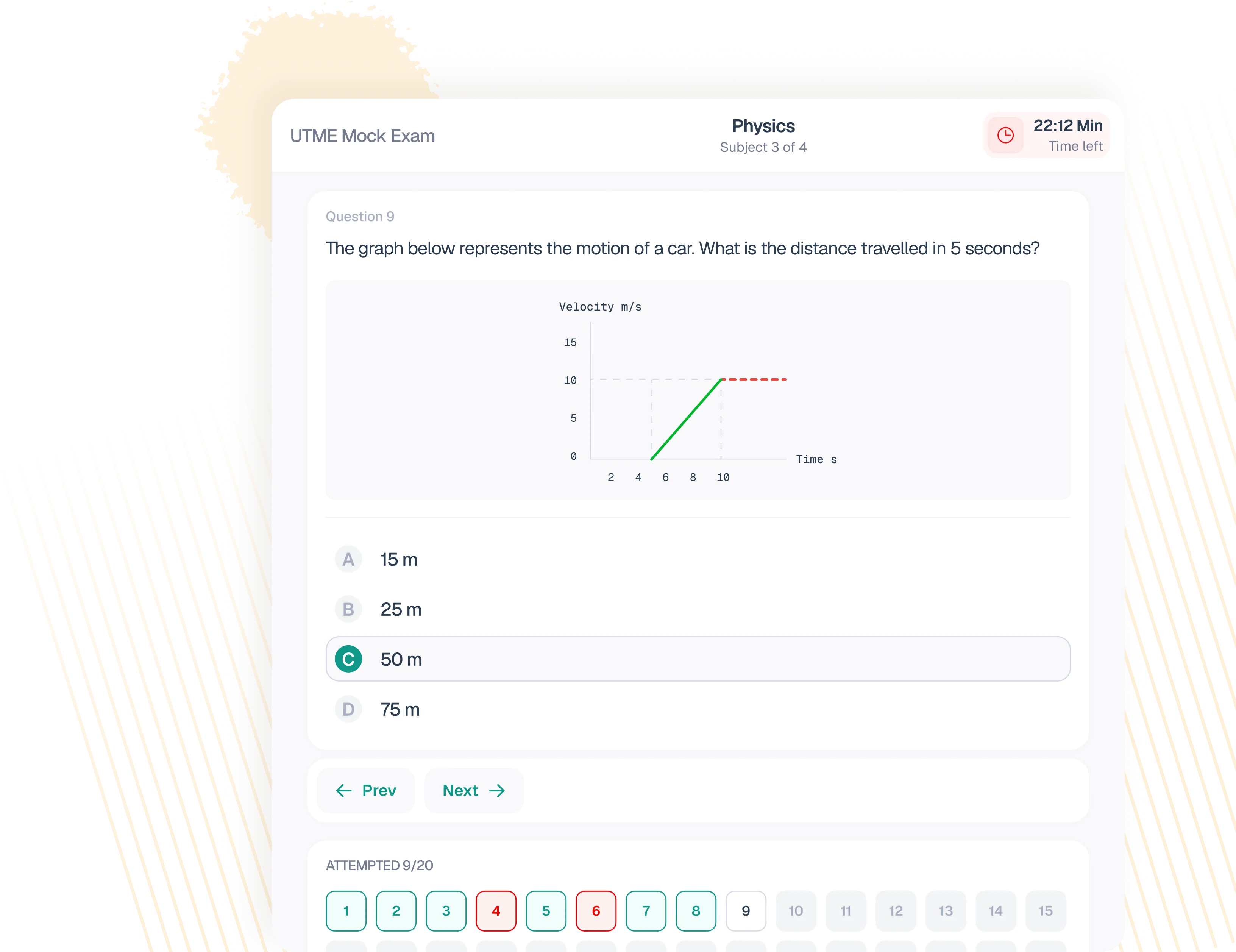 Mock exam interface with graph question and answer options